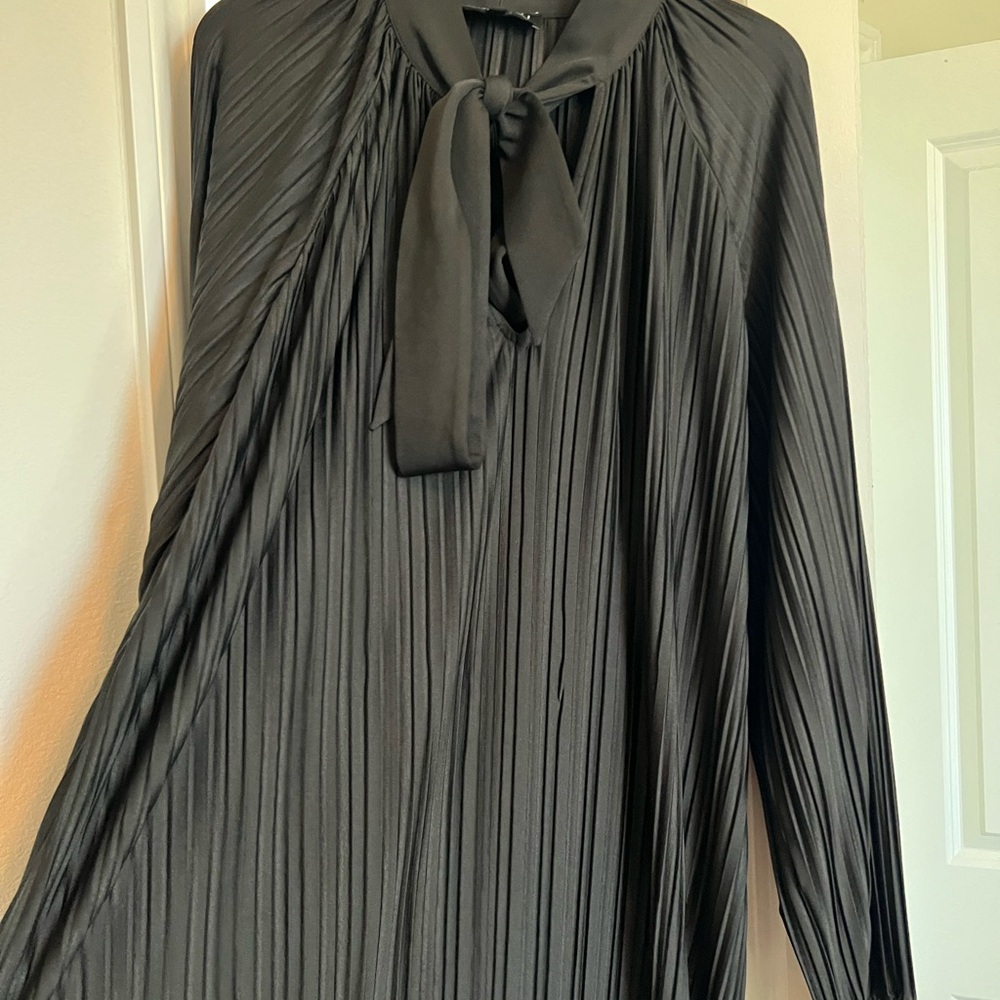 Eloquii Plus Size Elegant Black Pleated Dress with Neck Tie